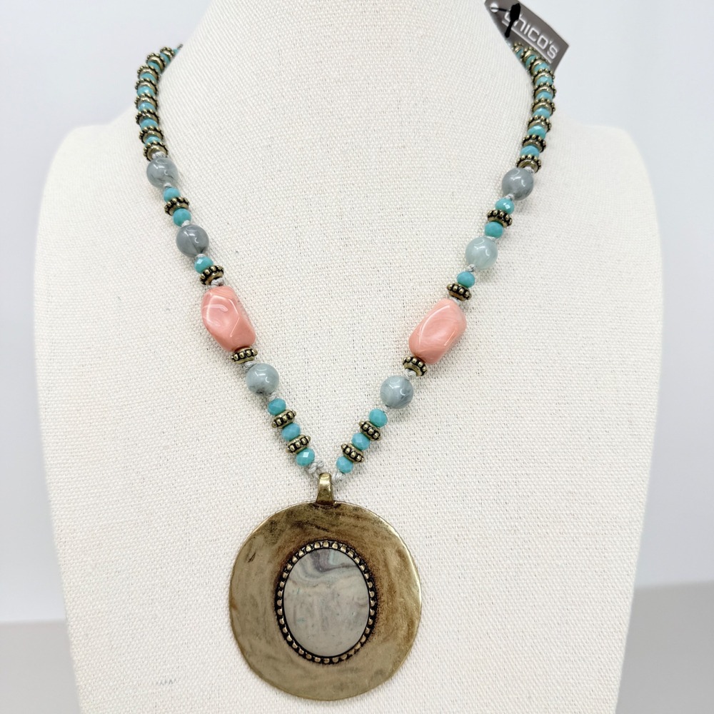 Chicos Medallion Necklace Brass Pendant Beaded Statement New Boho